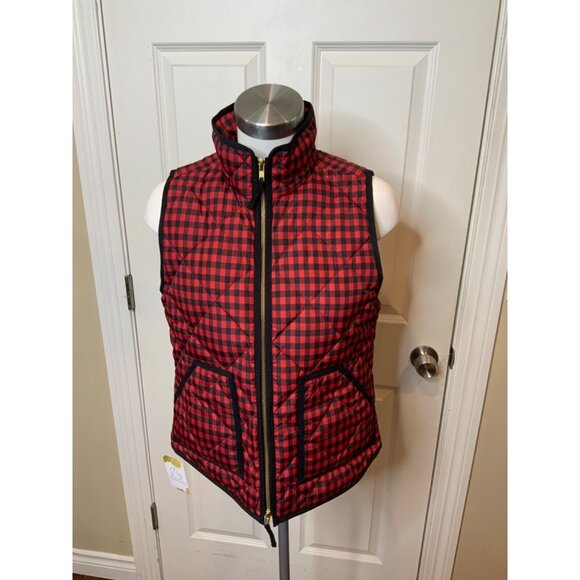 J. Crew Red Black Buffalo Plaid Puffer Vest, Size Small - Picture 1 of 5
